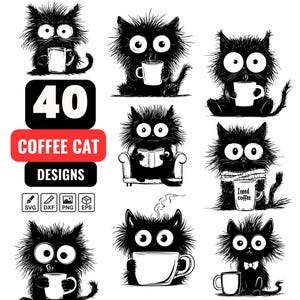 May include: A set of 40 black and white digital illustrations of coffee-loving cats in various poses. The illustrations include cats drinking coffee, reading books, and relaxing. The text "40 Coffee Cat Designs" is included in the image.