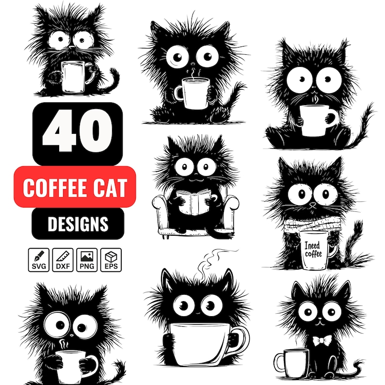 Op de afbeelding: Een set van 40 zwart-wit digitale illustraties van koffieminnende katten in verschillende poses. De illustraties omvatten katten die koffie drinken, boeken lezen en ontspannen. De tekst "40 Coffee Cat Designs" is opgenomen in de afbeelding.