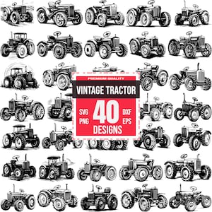 May include: A collection of 40 vintage tractor illustrations in black and white. The illustrations are in a variety of poses and styles, and they are all drawn in a realistic style. The text "Vintage Tractor" and "40 Designs" is included in the image.