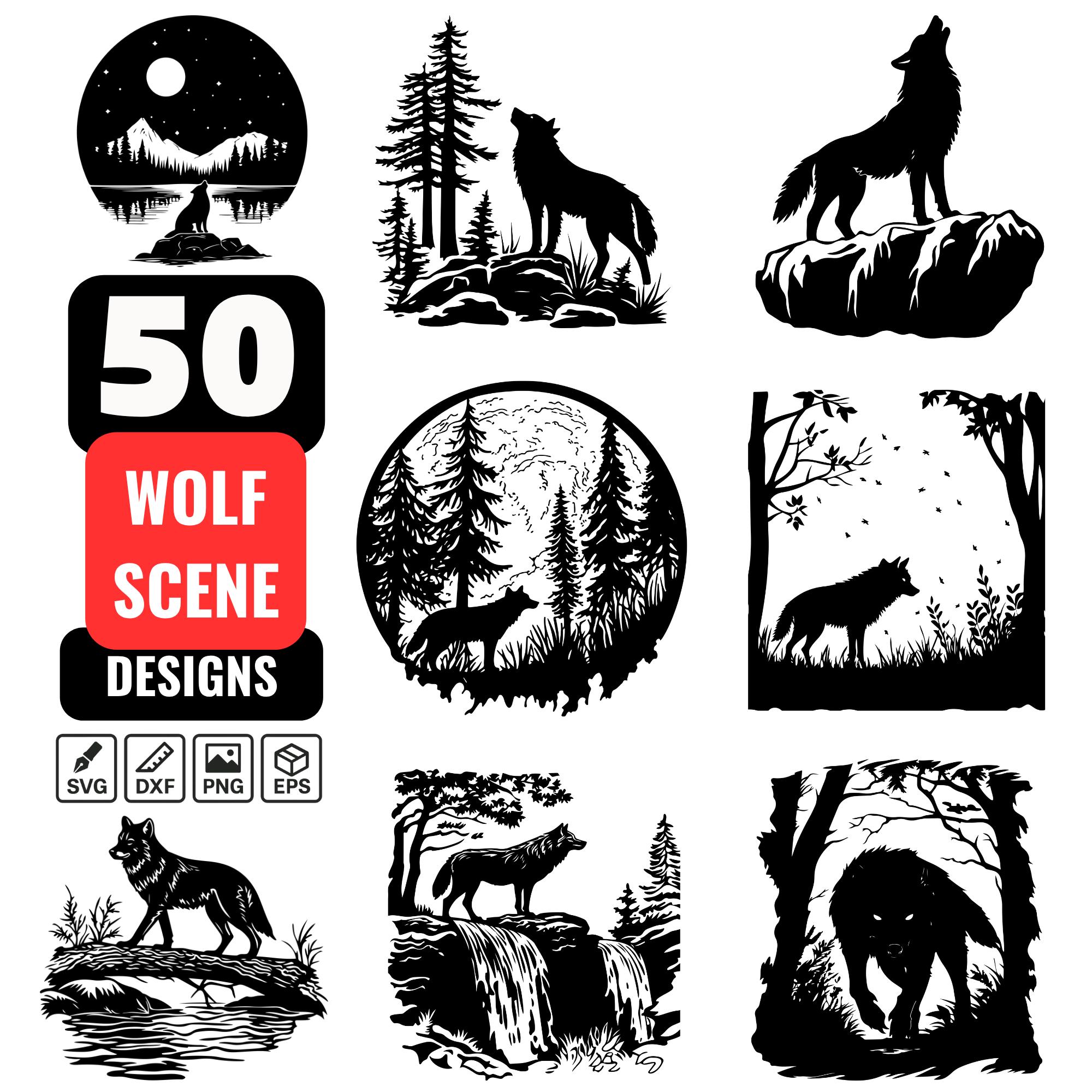 Wolf Scene SVG Bundle | 50 Wolf Forest Clipart PNG | Howling Wolf Silhouette, Moon, Mountain Scene, Woodland Wolf, Cricut, Laser Cut