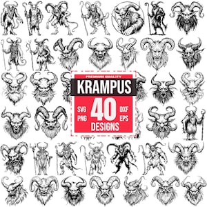 May include: A set of 40 black and white vector illustrations of Krampus, a mythical creature from Germanic folklore. The illustrations depict Krampus in various poses, including standing, sitting, and holding a staff. The illustrations are perfect for use in holiday crafts, decorations, and designs.