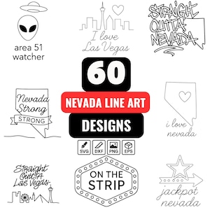 Pode incluir: Uma coleção de 60 designs de arte linear de Nevada com gráficos em preto e branco, incluindo um alienígena, o horizonte de Las Vegas, contornos do estado e textos como Area 51 watcher, Nevada Strong e On The Strip, com ícones de arquivos SVG, DXF, PNG e EPS.