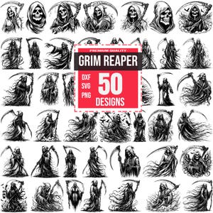 May include: A collection of 50 Grim Reaper designs in black and white. The designs feature the Grim Reaper in various poses, holding a scythe and wearing a hooded robe. The designs are perfect for use in crafting, scrapbooking, and other creative projects.