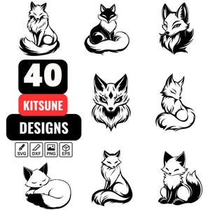 Può includere: Una collezione di 40 disegni di Kitsune in bianco e nero. L'immagine presenta varie illustrazioni stilizzate di volpi in diverse pose, con il testo "40 KITSUNE DESIGNS" in grassetto. Include formati di file SVG, DXF, PNG ed EPS.