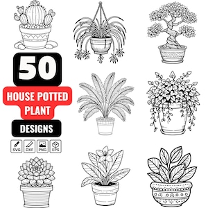 Puede incluir: Ilustración en blanco y negro de varias plantas de interior en macetas, incluyendo un cactus, una planta colgante y un bonsái. La imagen incluye el texto "50 HOUSE POTTED PLANT DESIGNS" e iconos de tipos de archivo.