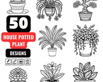 House Plant SVG Bundle, 50 Potted Plant Designs, Succulent, Cactus, Bonsai, Hanging Plant, Botanical Line Art for Cricut, Sticker, Wall Art