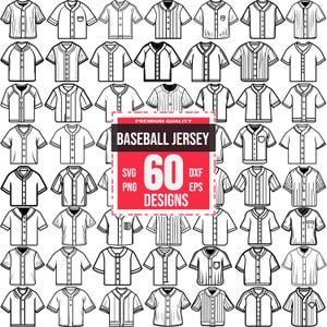 Puede incluir: Un conjunto de 60 diseños de camisetas de béisbol en blanco y negro. Los diseños son de varios estilos, incluyendo a rayas, lisos y con bolsillos. El texto "PREMIUM QUALITY BASEBALL JERSEY 60 DESIGNS SVG PNG DXF EPS" está en un cuadro rojo.