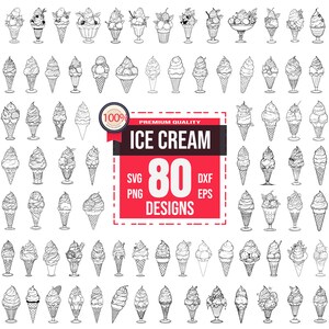 May include: A collection of 80 ice cream designs in black and white, including cones, sundaes, and other variations. The image includes a red and black graphic with the text "Ice Cream" and "80 Designs."