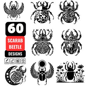 Skarabäus-Käfer SVG-Bundle, 60 Skarabäus-Designs, Käfer Clipart, Insekt Silhouette Vektor, ägyptische Skarabäus-Kunst, Bug Cut-Dateien für Cricut