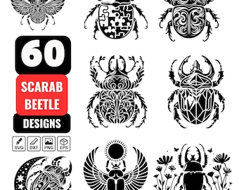 Scarab Beetle SVG Bundle, 60 Scarab Designs, Beetle Clipart, Insect Silhouette Vector, Egyptian Scarab Art, Bug Cut Files for Cricut