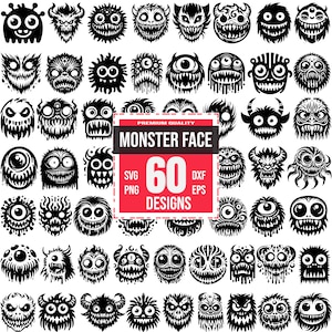 Monster Face SVG Bundle | 60 Scary & Funny Creature Designs | Halloween, Horror, Cartoon, Cricut and Laser Cut