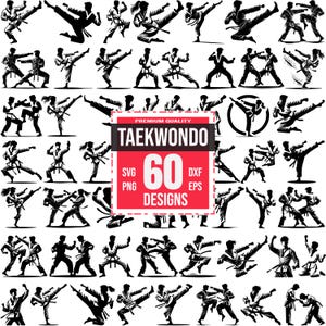 May include: A set of 60 black and white silhouette designs of people practicing Taekwondo. The designs are in various poses and include both men and women. The text "PREMIUM QUALITY TAEKWONDO 60 DESIGNS" is in a red box.