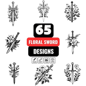 Paquete SVG de espada floral, espada con flores, espada floral png, espada de fantasía svg, espada y flor svg, arma floral svg, espada floreada svg