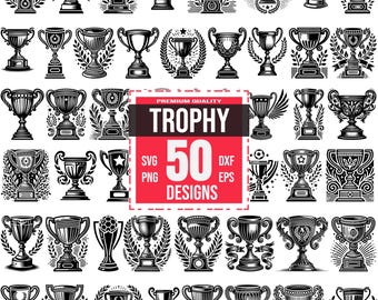 Paquete SVG de trofeos: 50 diseños inspirados en premios: deportes, logros, imágenes prediseñadas de trofeos para Cricut y corte láser