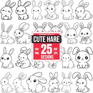 May include: A collection of 25 cute hare designs in SVG, PNG, DXF, and EPS formats. The designs feature various cartoon bunnies in different poses and styles, all in black and white.