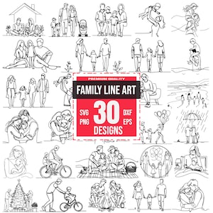 30 家族のライン アート SVG バンドル | ミニマリストの家族のクリップアート | 親と子供 | ミニマリストの家族