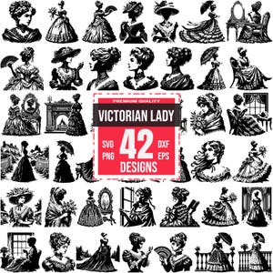 Ensemble victorien Lady SVG avec 42 élégantes silhouettes vintage Clipart designs pour Cricut Historical Dress Graphics