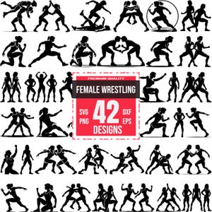 May include: A set of 42 black and white silhouette illustrations of female wrestlers in various poses. The illustrations are arranged in rows and columns, and the text "PREMIUM QUALITY FEMALE WRESTLING 42 DESIGNS SVG PNG DXF EPS" is displayed in a red box in the center of the image.