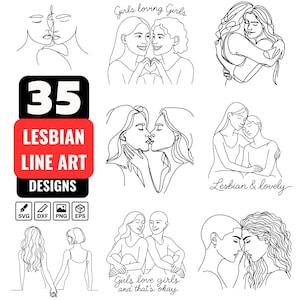 Lesbian Line Art SVG Bundle | 35 One Line Drawing Girls Love PNG | Minimalist Lesbian Couple Clipart, LGBTQ Pride Design