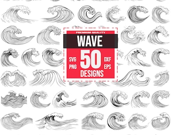 Wave SVG Bundle, 50 Ocean Surf Designs, Nautical Clipart for Cricut, Japanese Wave PNG, Summer Beach Wall, Cresting Water Vector