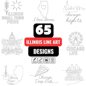 Puede incluir: Una colección de 65 diseños de arte lineal de Illinois, que incluyen ilustraciones del horizonte de Chicago, una noria y una porción de pizza. Los diseños son en blanco y negro, con las palabras "Illinois Line Art Designs" en rojo y negro.
