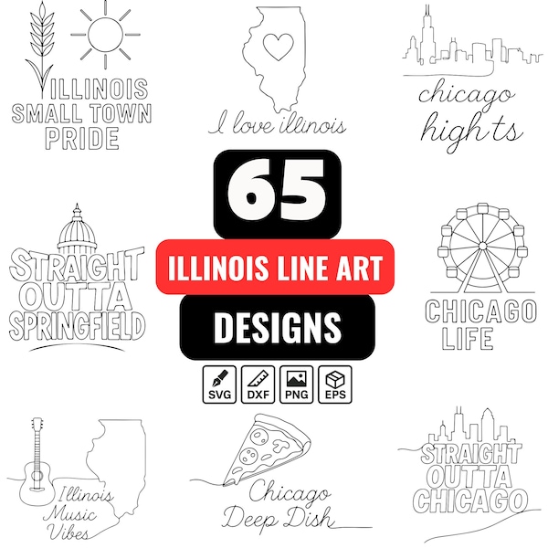 65 Illinois SVG-bundel – Chicago Skyline, Springfield, Deep Dish Pizza, State Pride Quotes-lijntekeningen