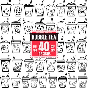 May include: A collection of 40 black and white line art icons depicting various bubble tea cups with straws and tapioca pearls. A central red and black rectangular label features the text PREMIUM QUALITY BUBBLE TEA 40 SVG PNG DXF DESIGNS.