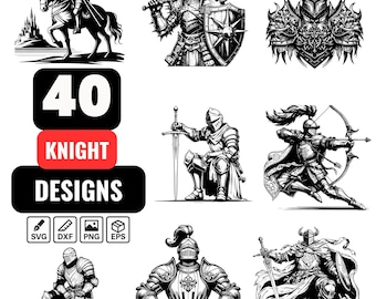 Knight SVG Bundle | 40 Medieval Knight Clipart PNG | Armor, Sword, Warrior Silhouette, Fantasy Knight, Laser Cut, Crest, Heraldry, Cricut