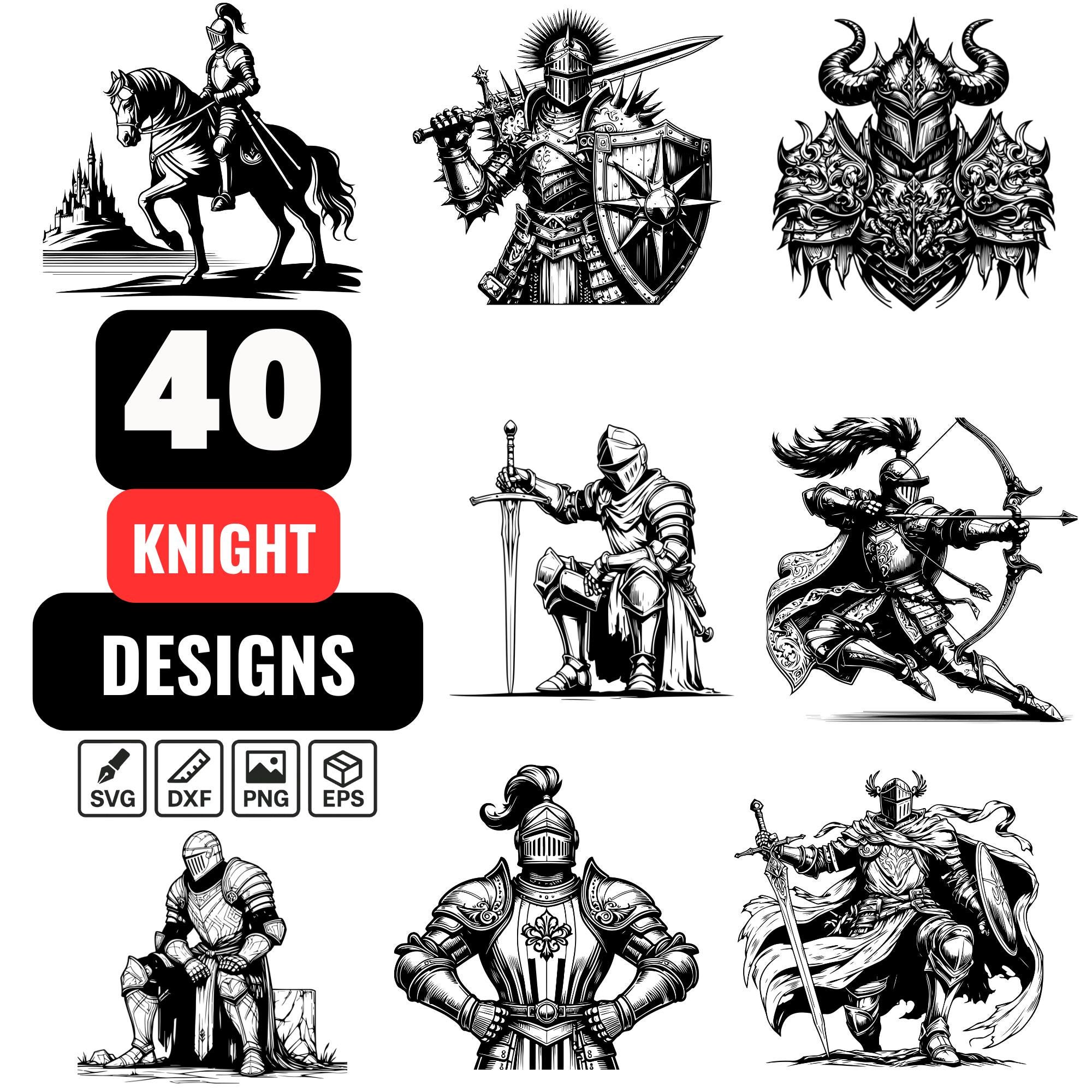 Knight SVG Bundle | 40 Medieval Knight Clipart PNG | Armor, Sword ...