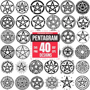 May include: A selection of 40 black pentagram designs in diverse styles, including stars within circles and intricate patterns. The image features the text "PENTAGRAM 40 DESIGNS". The designs are suitable for various creative projects.