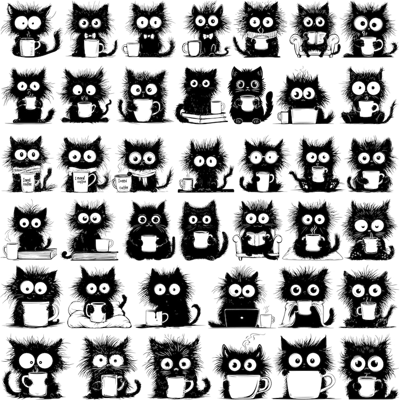 Op de afbeelding: Een verzameling van 36 zwart-wit illustraties van cartoonkatten die uit mokken drinken. De katten hebben verschillende uitdrukkingen en staan in verschillende poses. Sommige katten dragen sjaals, brillen of vlinderdassen.