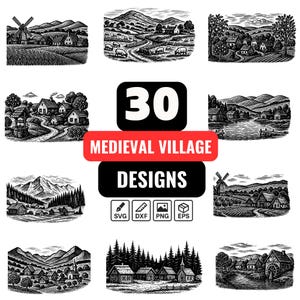 Può includere: Una collezione di 30 disegni di villaggi medievali in bianco e nero. I disegni includono illustrazioni di mulini a vento, case, fattorie e paesaggi. L'immagine include anche i tipi di file: SVG, DXF, PNG e EPS.
