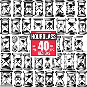 Puede incluir: Un conjunto de 40 diseños de reloj de arena en blanco y negro. Los diseños son de varios estilos, incluyendo tradicional, ornamentado y moderno. El texto "Premium Quality Hourglass 40 Designs" está en la parte superior de la imagen.