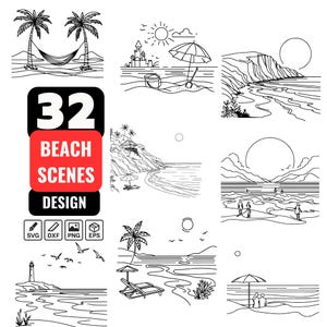 May include: A set of 32 black and white beach scene illustrations. The illustrations feature palm trees, umbrellas, sandcastles, seashells, and people enjoying the beach. The text "32 Beach Scenes Design" is displayed in a red box.