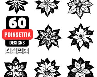 Poinsettia SVG Bundle, 60 Poinsettia Flower Designs, Christmas Flower, Poinsettia Clipart, Floral Silhouette Vector,Holiday Files for Cricut
