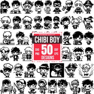 Chibi Boy SVG Bundle with 50 Cute Cartoon Characters for Kids Crafts, Cricut Projects, Anime Style Designs