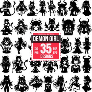ゴシッククラフトやクリカットのハロウィンプロジェクトに最適な、ダークアニメシルエットデザイン35点が収録された悪魔ガールSVGバンドル