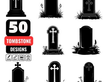 Pakiet plików SVG nagrobków, 50 gotyckich projektów cmentarzy, grafika nagrobka cmentarnego do Cricut, upiorna sylwetka na Halloween, nagrobek pamiątkowy