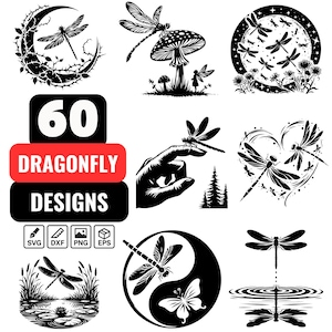 May include: A set of 60 dragonfly designs in black and white. The designs include dragonflies in various poses, with some featuring flowers, hearts, and other decorative elements. The designs are perfect for crafting, scrapbooking, and other creative projects.