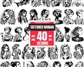 Tattooed Woman SVG Bundle, Punk Girl PNG, Feminine Tattoo DXF, Gothic Beauty Clipart, Alternative Woman Art, Edgy Lady