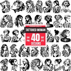 Tattooed Woman SVG Bundle, Punk Girl PNG, Feminine Tattoo DXF, Gothic Beauty Clipart, Alternative Woman Art, Edgy Lady
