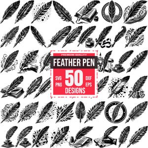 May include: A set of 50 black and white vector illustrations of feather pens. The illustrations feature various designs, including feathers with inkwells, scrolls, and candles. The text "Premium Quality Feather Pen 50 Designs" is displayed in a red box.