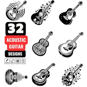 32 Acoustic Guitar SVG Bundle, Guitar Clipart, Music Instrument Vector, Guitar Silhouette, Laser Cut Guitar Design