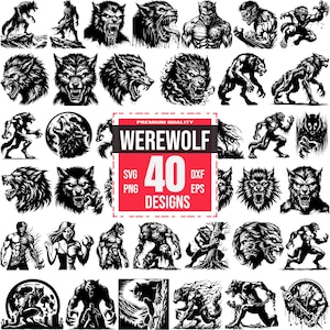 Puede incluir: Una colección de 40 diseños de hombres lobo en blanco y negro. Las imágenes incluyen diversas representaciones de hombres lobo, incluyendo figuras de cuerpo completo, caras gruñonas y lobos aullando. Los diseños están disponibles en formatos SVG, PNG, DXF y EPS.