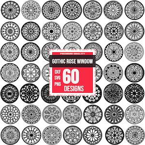 May include: A set of 60 black and white gothic rose window designs. The designs are in a circular shape and feature intricate patterns. The text "PREMIUM QUALITY GOTHIC ROSE WINDOW 60 DESIGNS" is displayed in a red box.