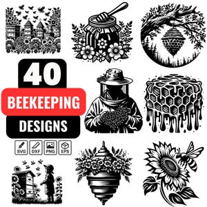 May include: A set of 40 beekeeping designs in black and white. The designs include a beekeeper in a suit, a honeycomb, a jar of honey, a beehive, and a sunflower. The designs are perfect for creating t-shirts, mugs, stickers, and other merchandise.