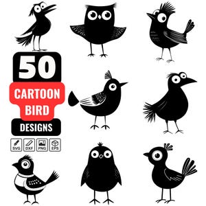 Cartoon Bird SVG Bundle, 50 Cute Bird Designs, Kids Bird Clipart, Funny Cartoon Animal Vector, Bird Silhouette for Cricut, Printable Bird Ar