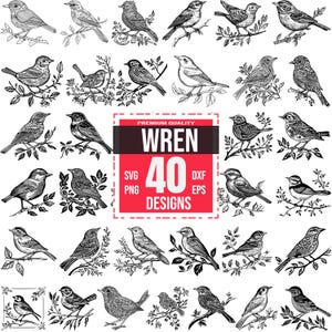 May include: A set of 40 black and white digital illustrations of wrens perched on branches. The illustrations are in a vintage style and are perfect for crafting projects, scrapbooking, and more.
