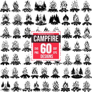 May include: A set of 60 black and white campfire illustrations. The illustrations feature different styles of campfires, including flames, logs, and smoke. The illustrations are perfect for use in crafting projects, scrapbooking, or digital design.