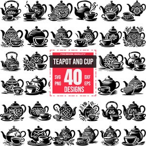 Op de afbeelding: Een set van 40 zwart-witte vectorillustraties van theepotten en kopjes. De theepotten hebben verschillende ontwerpen, waaronder bloemmotieven, geometrische en abstracte patronen. De kopjes zijn eenvoudig en rond. De tekst "Teapot and Cup 40 Designs" staat in een rode doos.